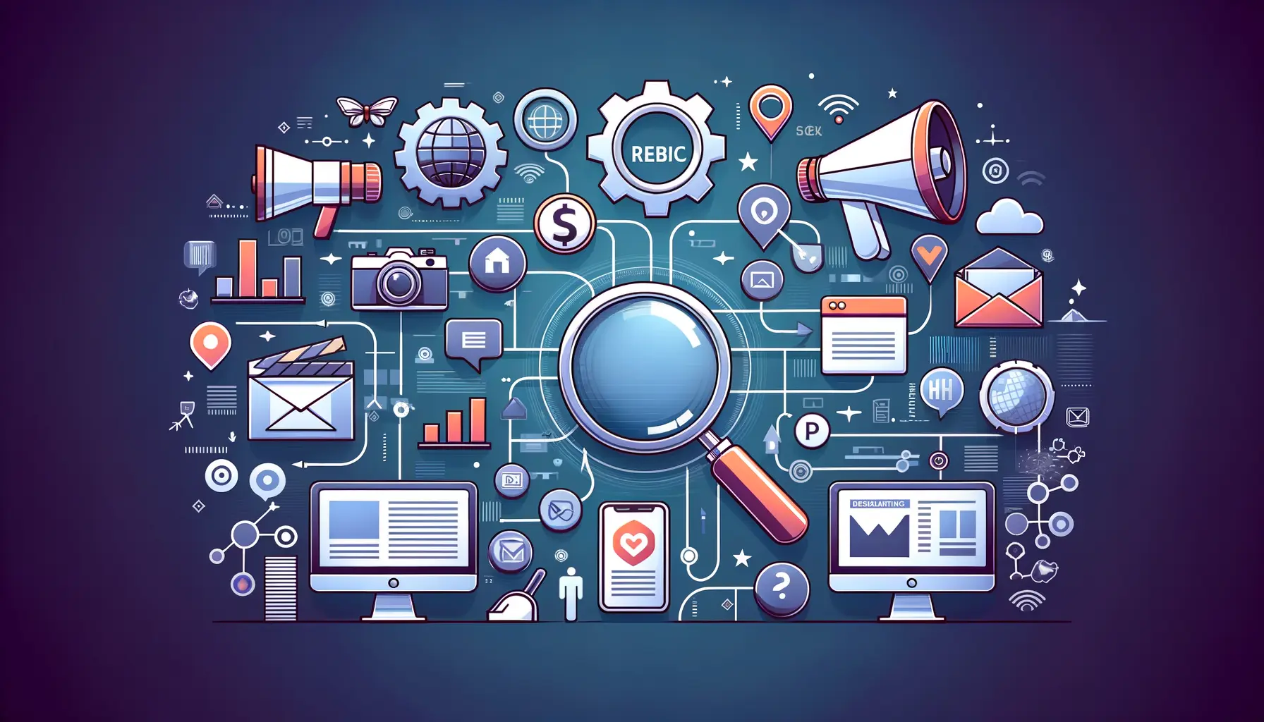 PR SEO moderne Medienarbeit und Suchmaschinenoptimierung Illustration