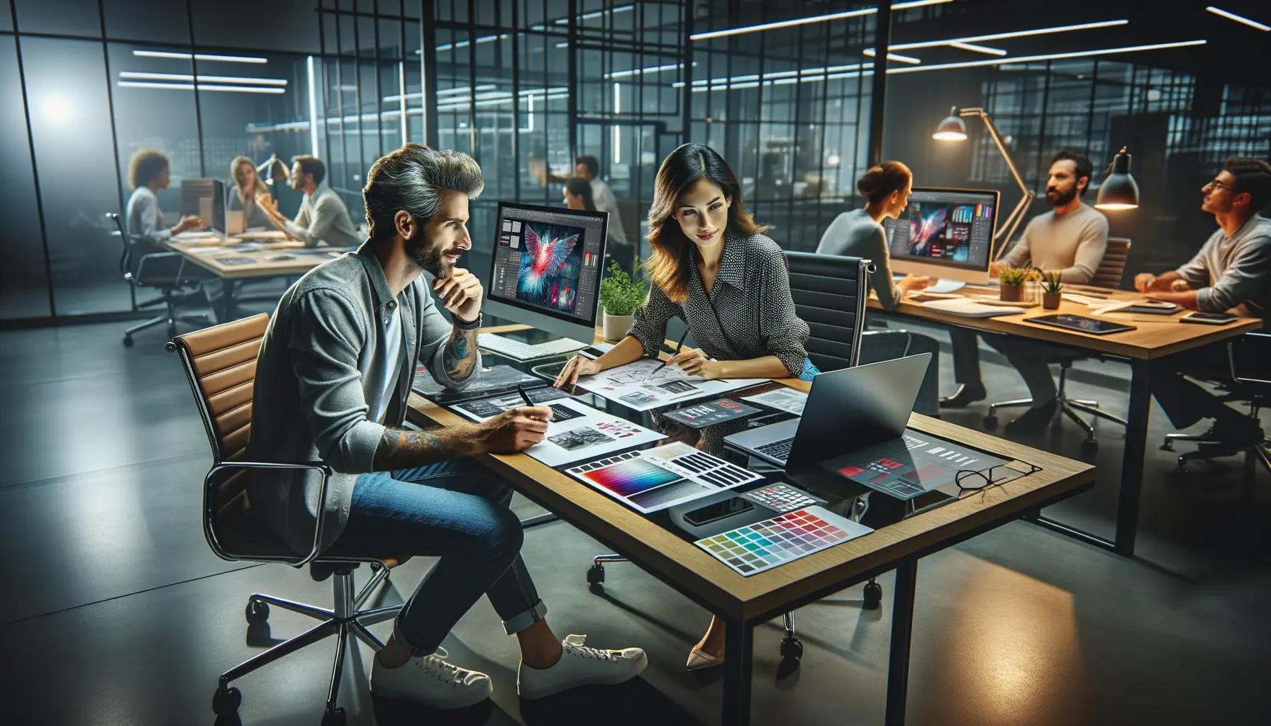 Texter und Designer besprechen gemeinsam Text und Design eines Projekts