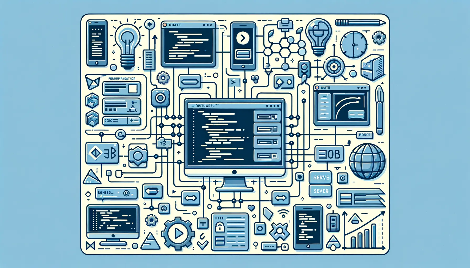 Schematische Darstellung von Frontend und Backend in Webdesign und Programmierung