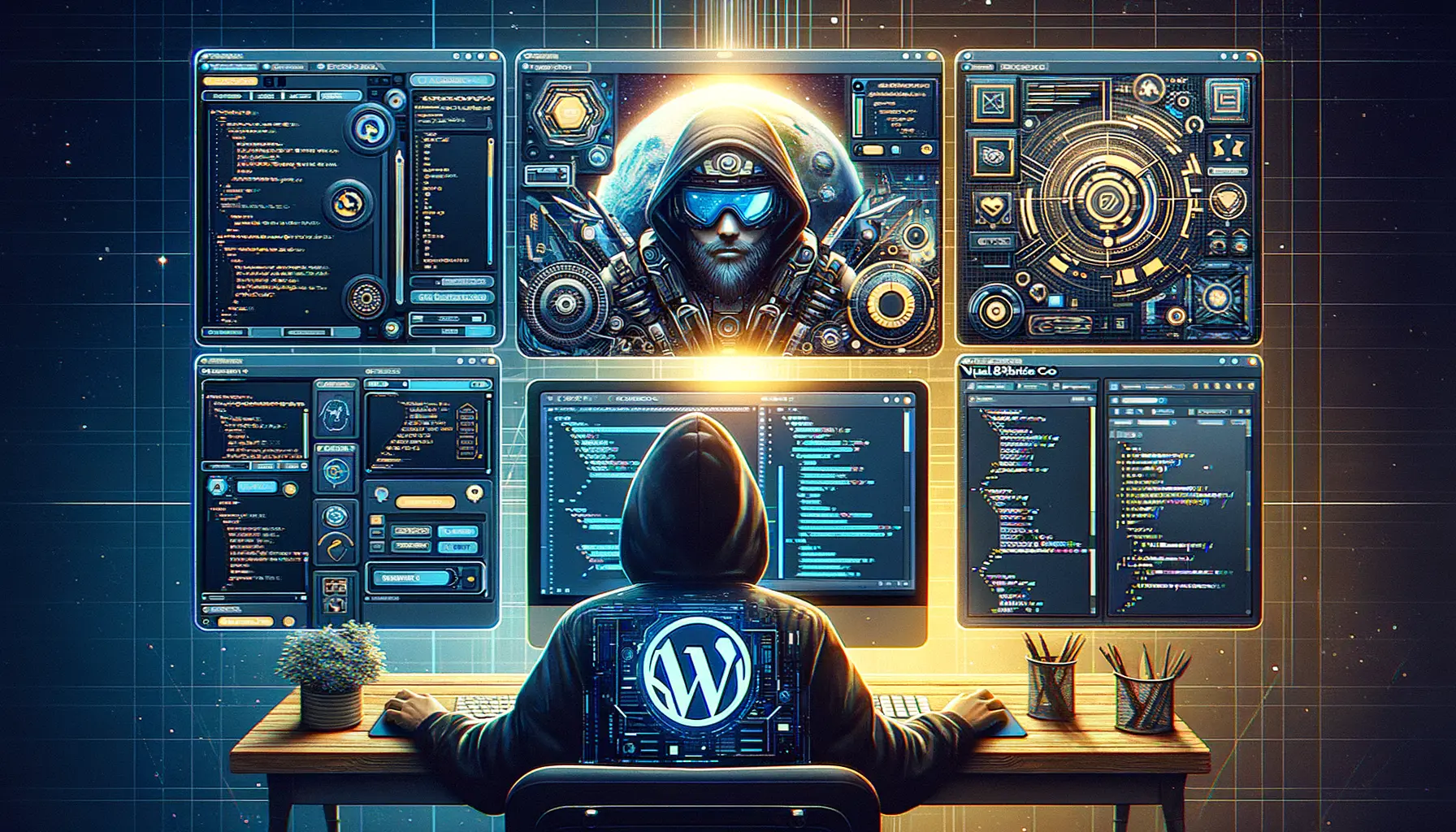 Collage von Tools wie WordPress, Figma, Visual Studio Code für Webdesign und Programmierung